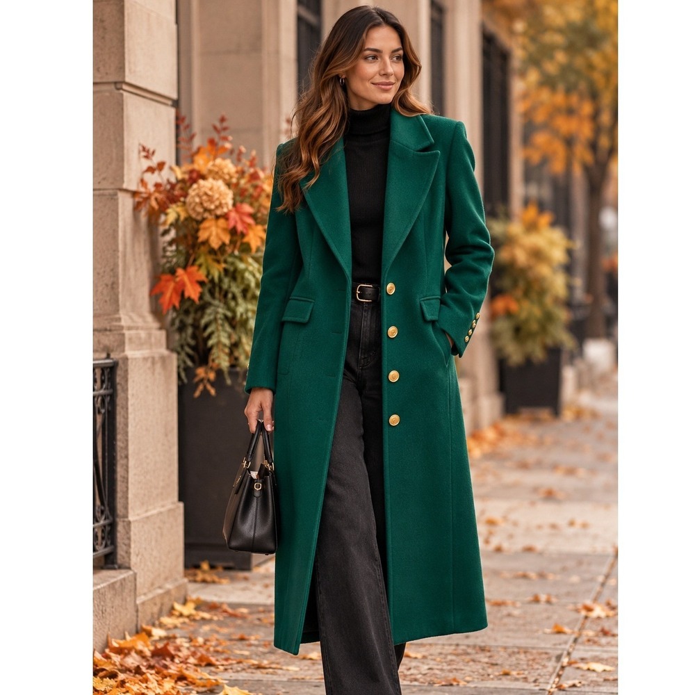 Boston Proper Longline Gold Button Overcoat Women 8 Emerald Green Trench Coat